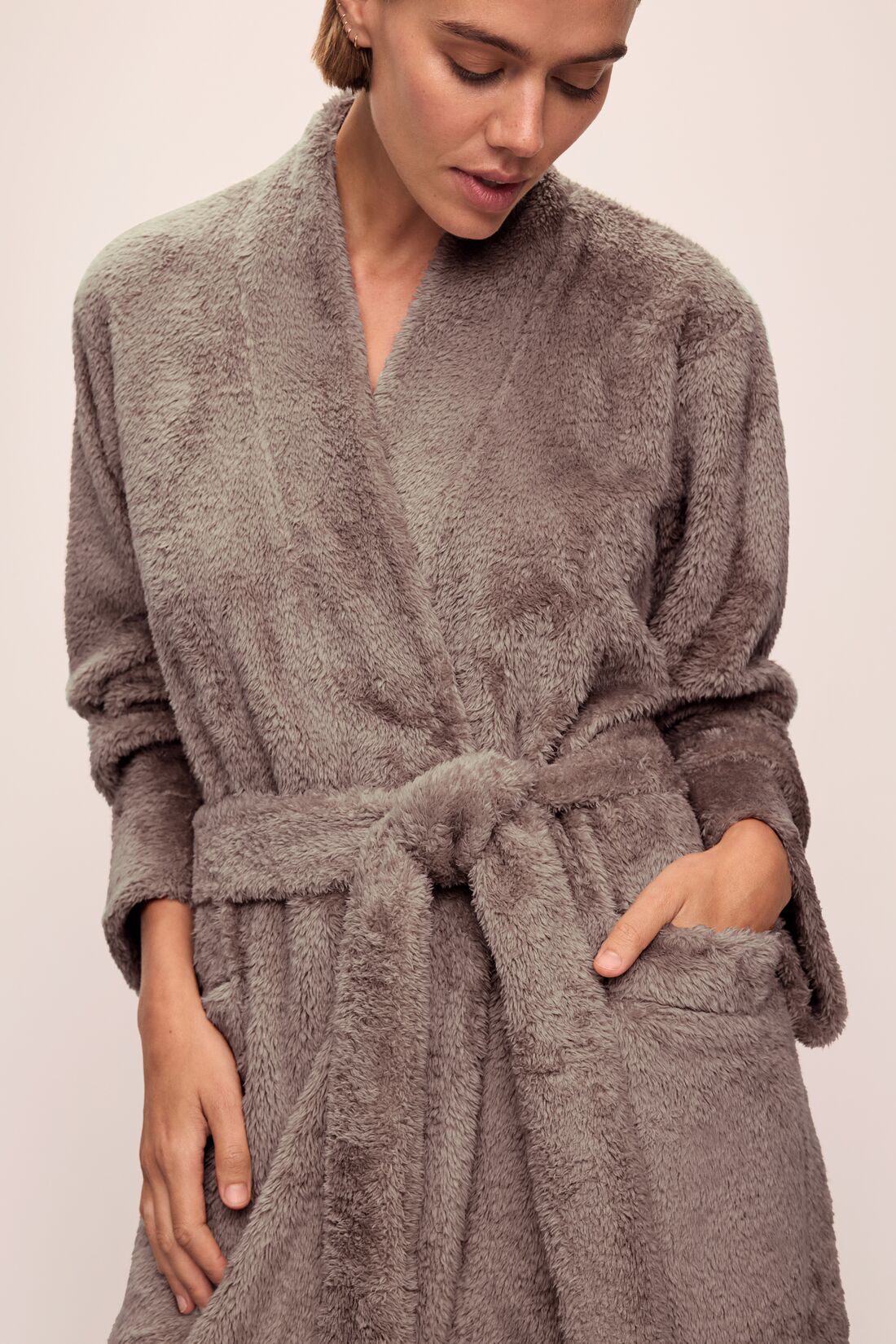 Model in Renew Plush Robe in Toffee