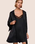 Model is wearing Washable Silk Lace Robe  in Black/Black