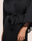 Model is wearing Washable Silk Lace Robe  in Black/Black