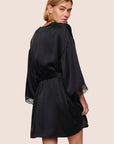 Model is wearing Washable Silk Lace Robe  in Black/Black