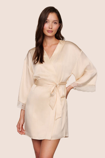 Model is wearing Washable Silk Lace Robe  in Champagne/Champagne