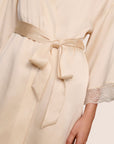 Model is wearing Washable Silk Lace Robe  in Champagne/Champagne