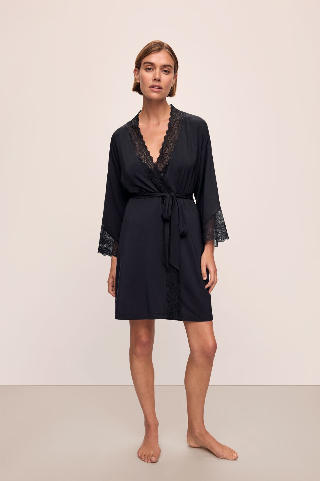 Image of model wearing Lara TENCEL™ Modal Short Robe in black