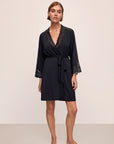 Image of model wearing Lara TENCEL™ Modal Short Robe in black