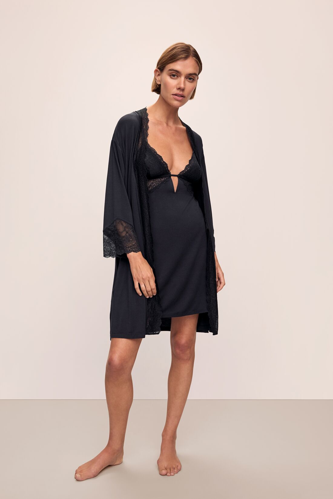 Detail image of model wearing Lara TENCEL™ Modal Short Robe in black