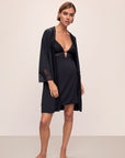 Detail image of model wearing Lara TENCEL™ Modal Short Robe in black