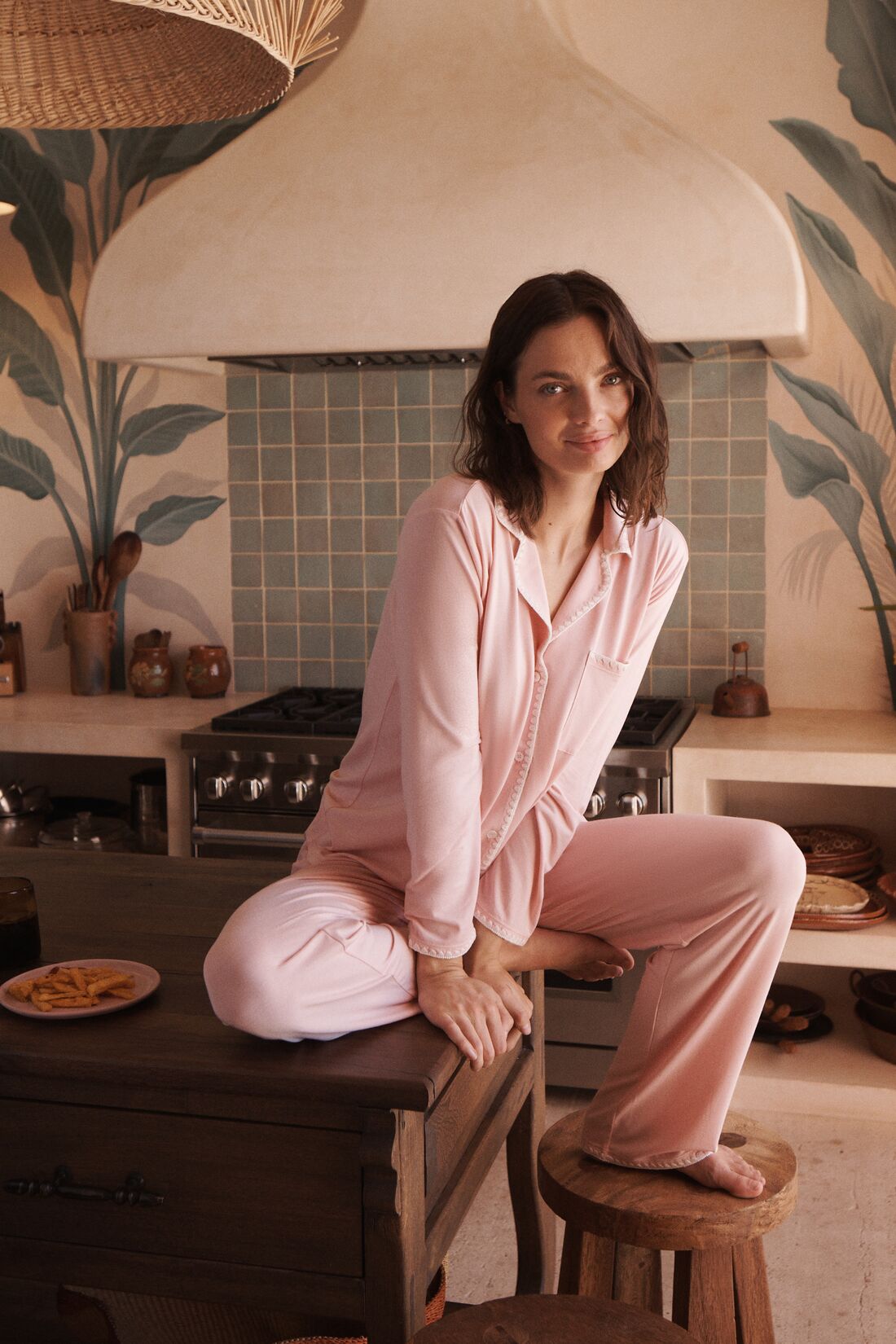 Model wears Frida TENCEL™ Modal Long PJ Set in silver pink/ivory.