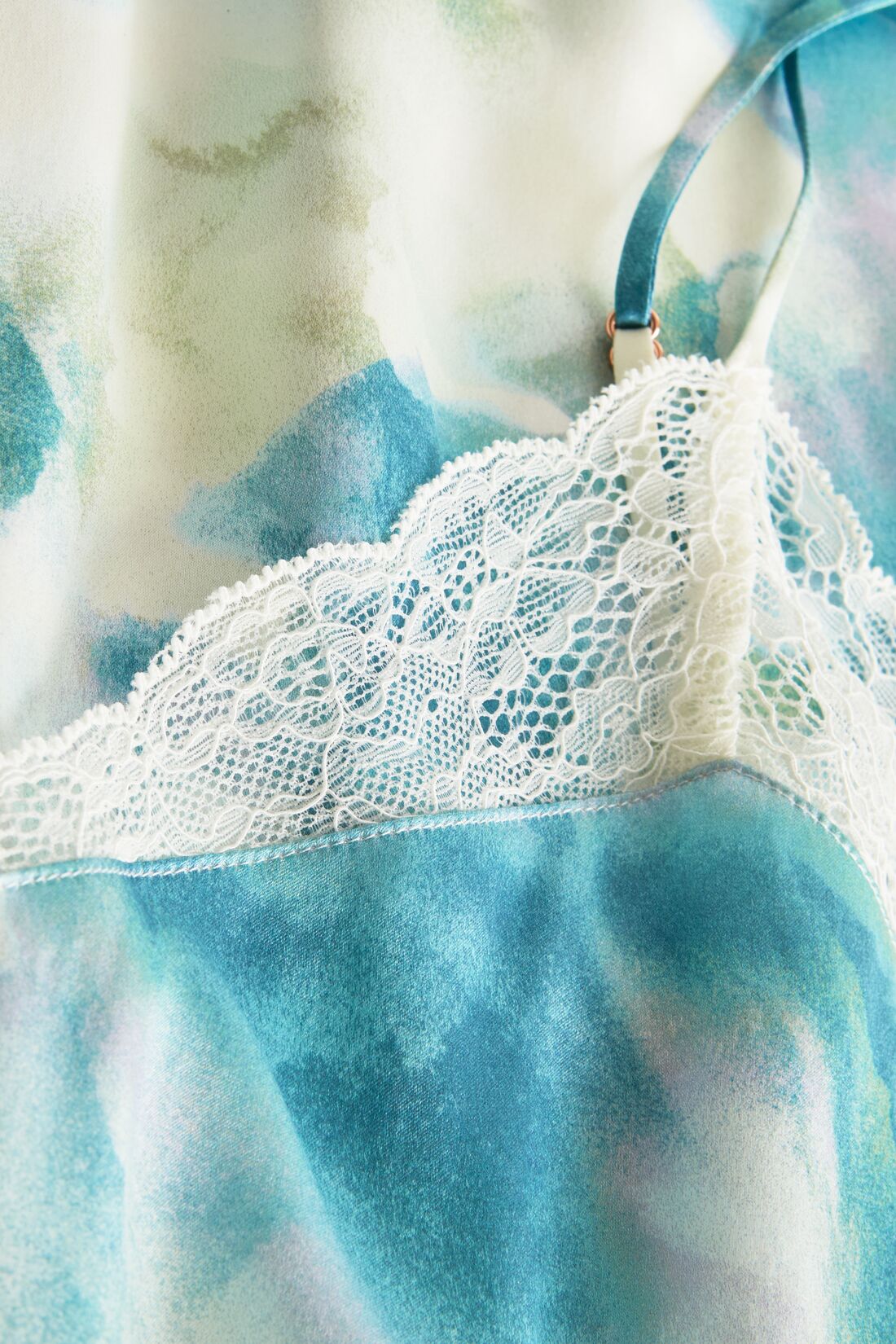 Fabric detail shot of Printed Washable Silk in Seafoam Sky Blue Lagoon/Ivory