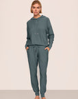 Model is wearing Softest Sweats Hoodie and Jogger in Stone Blue