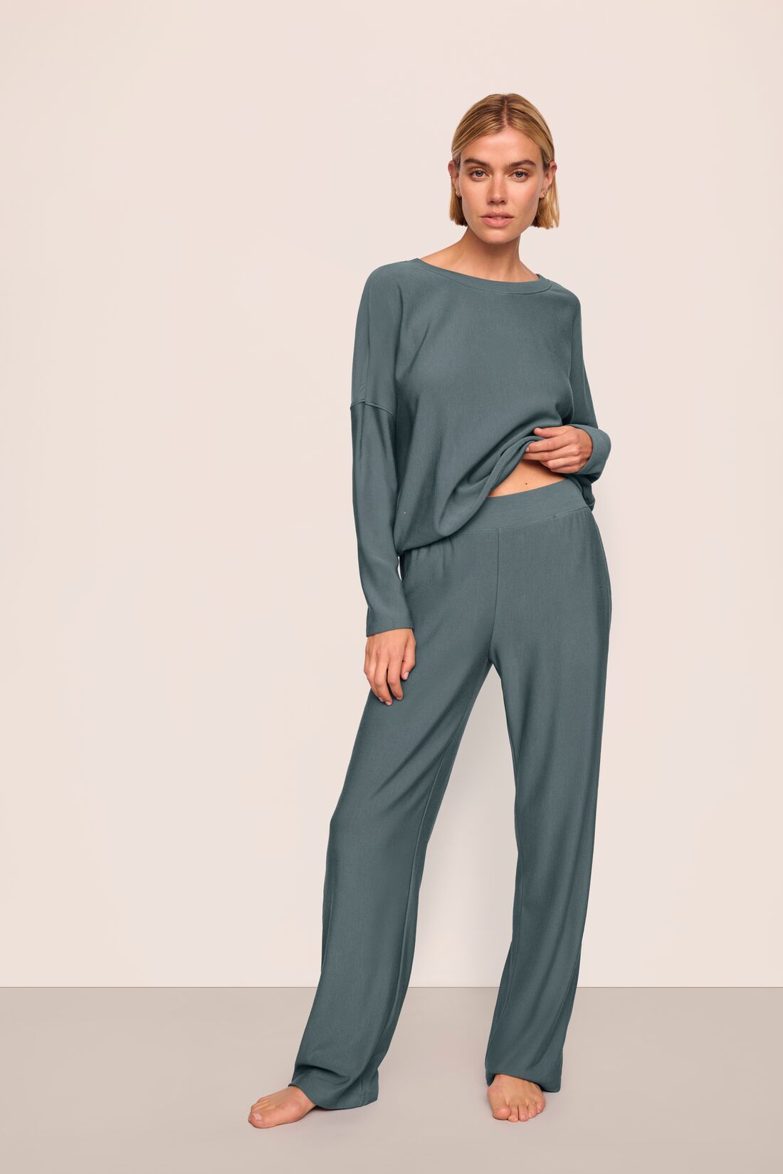 Model is wearing Softest Sweats Straight Leg Pant in Stone Blue