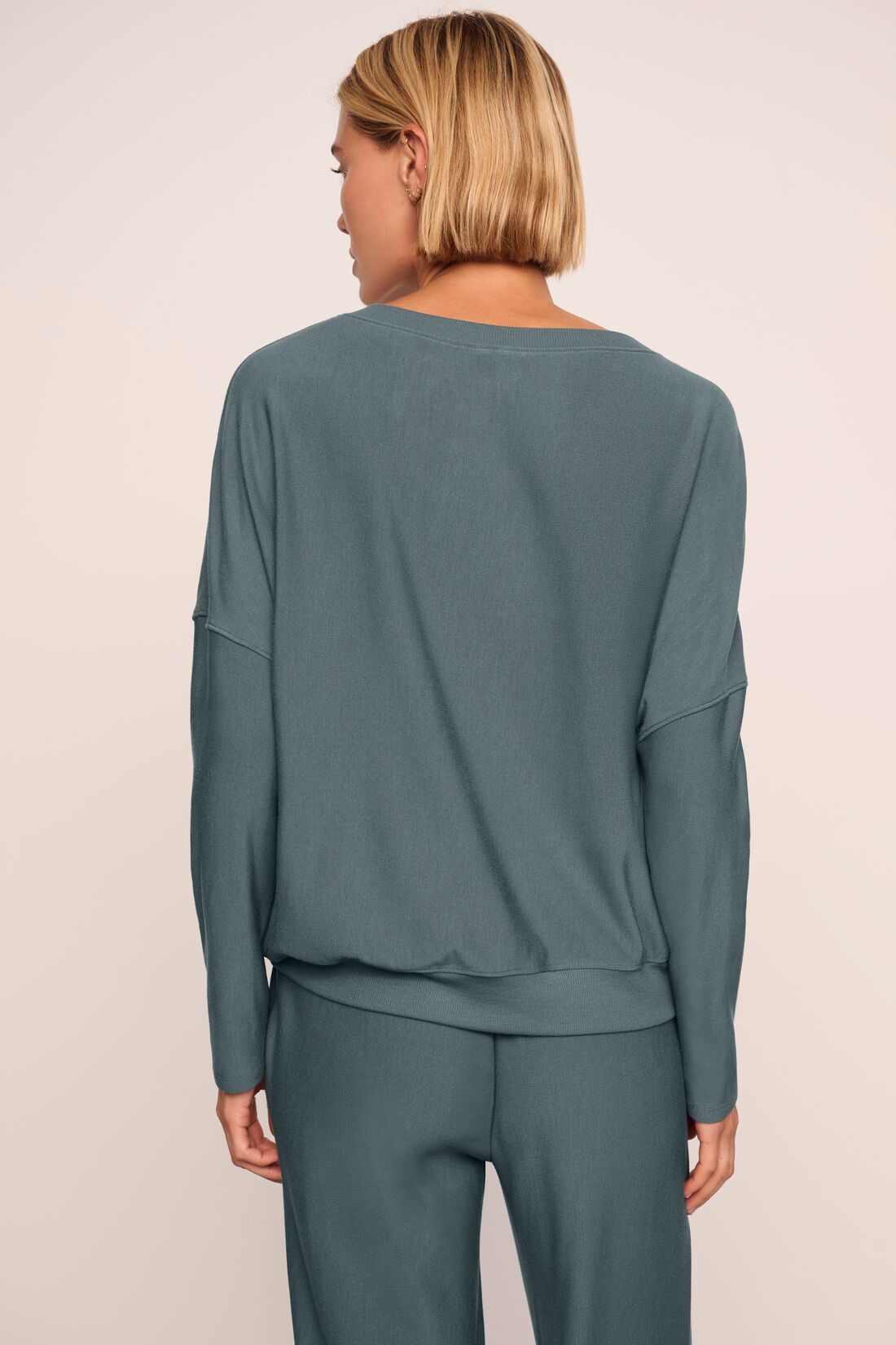 Model is wearing Softest Sweats Boat Neck Pullover  in  Stone Blue