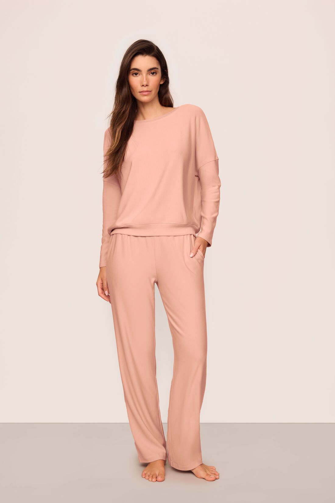 Model wearing softest sweats boatneck in Velvet Pink
