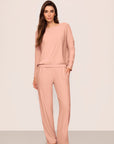 Model wearing softest sweats boatneck in Velvet Pink