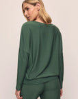 Model wears Softest Sweats Boat Neck Pullover in Spruce.