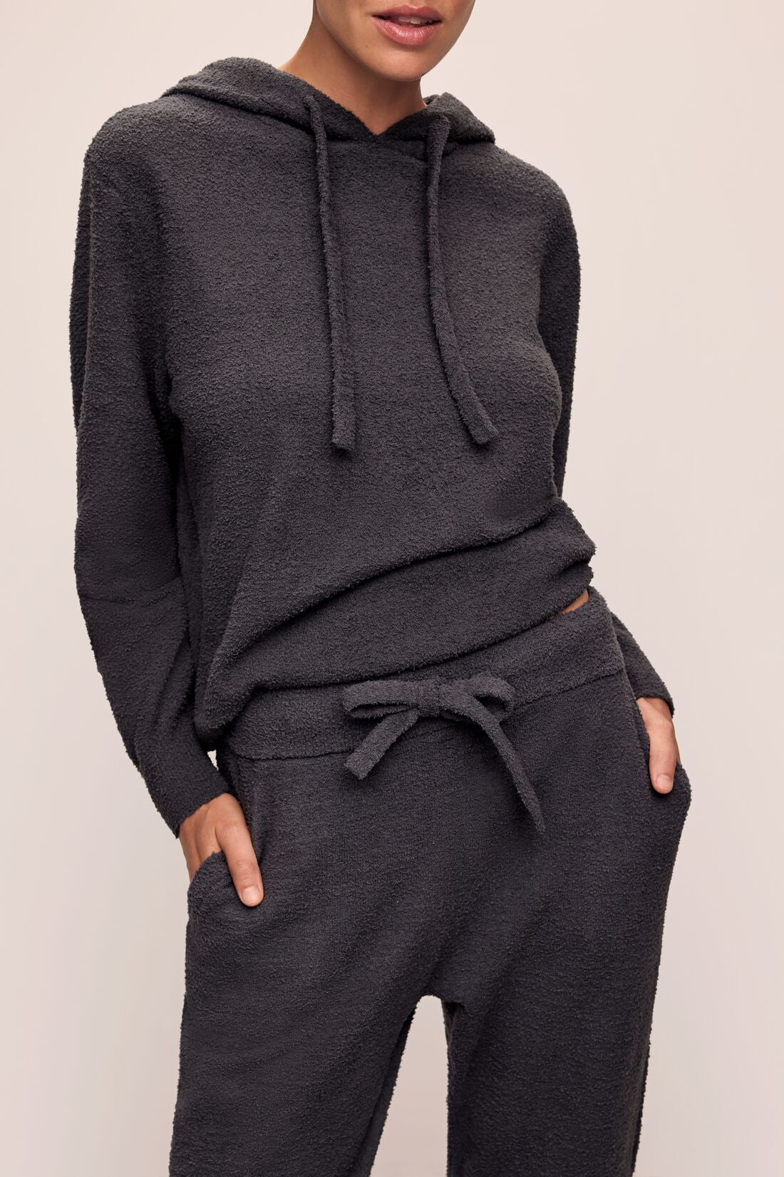 Model in Recycled Boucle Women's Hoodie and Jogger in Graphite