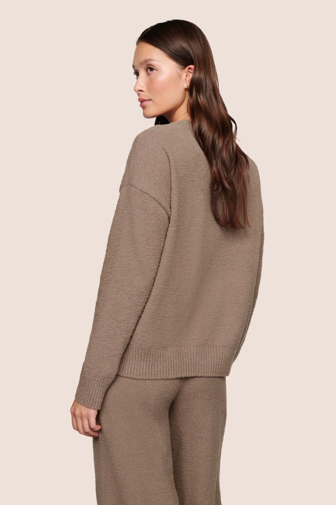 Model is wearing Recycled Boucle Crew Neck Pullover  in Deep Taupe