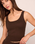 Model is wearing Recycled Sweater Tank in  Chocolate