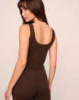 Model is wearing Recycled Sweater Tank in  Chocolate