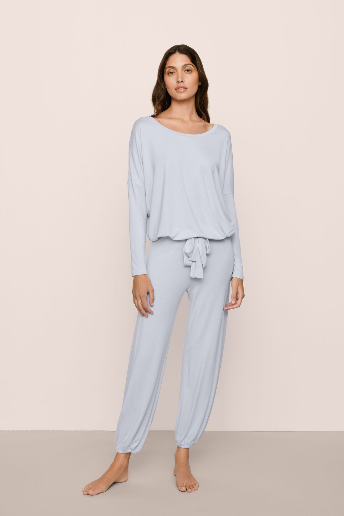 Model Is Wearing Gisele Slouchy Set In Ice Blue/Ice Blue