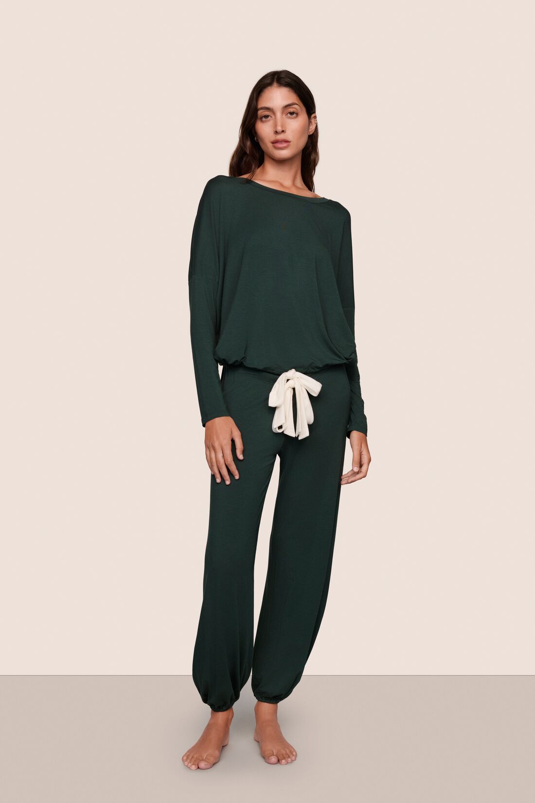 Model is wearing Gisele TENCEL™ Modal Slouchy PJ Set  in Pine/Ivory