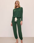 Model wears Gisele TENCEL™ Modal Slouchy PJ Set in Forest Green/Ivory.