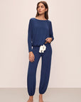 Model wearing Gisele TENCEL Modal Slouchy PJ Set in Navy/Ivory