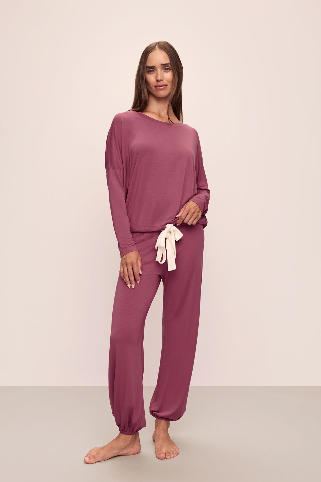 Model wears Gisele TENCEL™ Modal Slouchy PJ Set in Raspberry/Ivory.