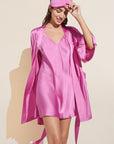 Model wears Inez Washable Silk Short Robe in Italian Rose.