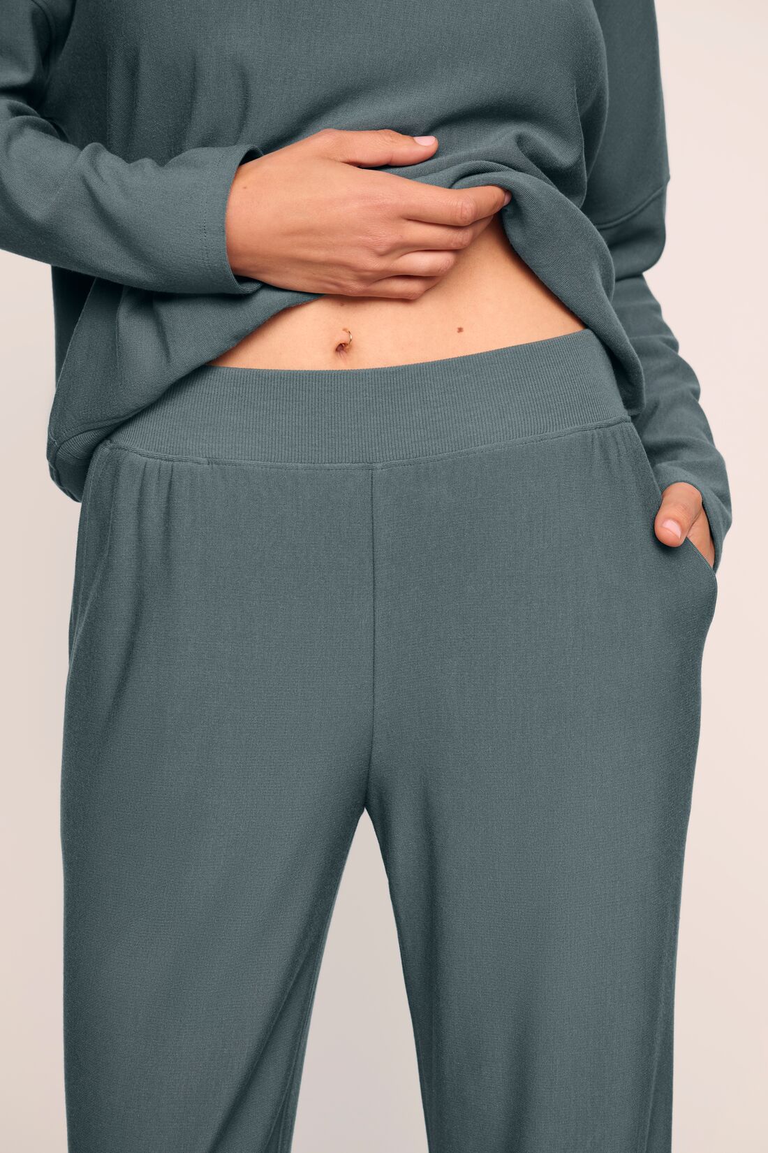 Model is wearing Softest Sweats Straight Leg Pant in Stone Blue