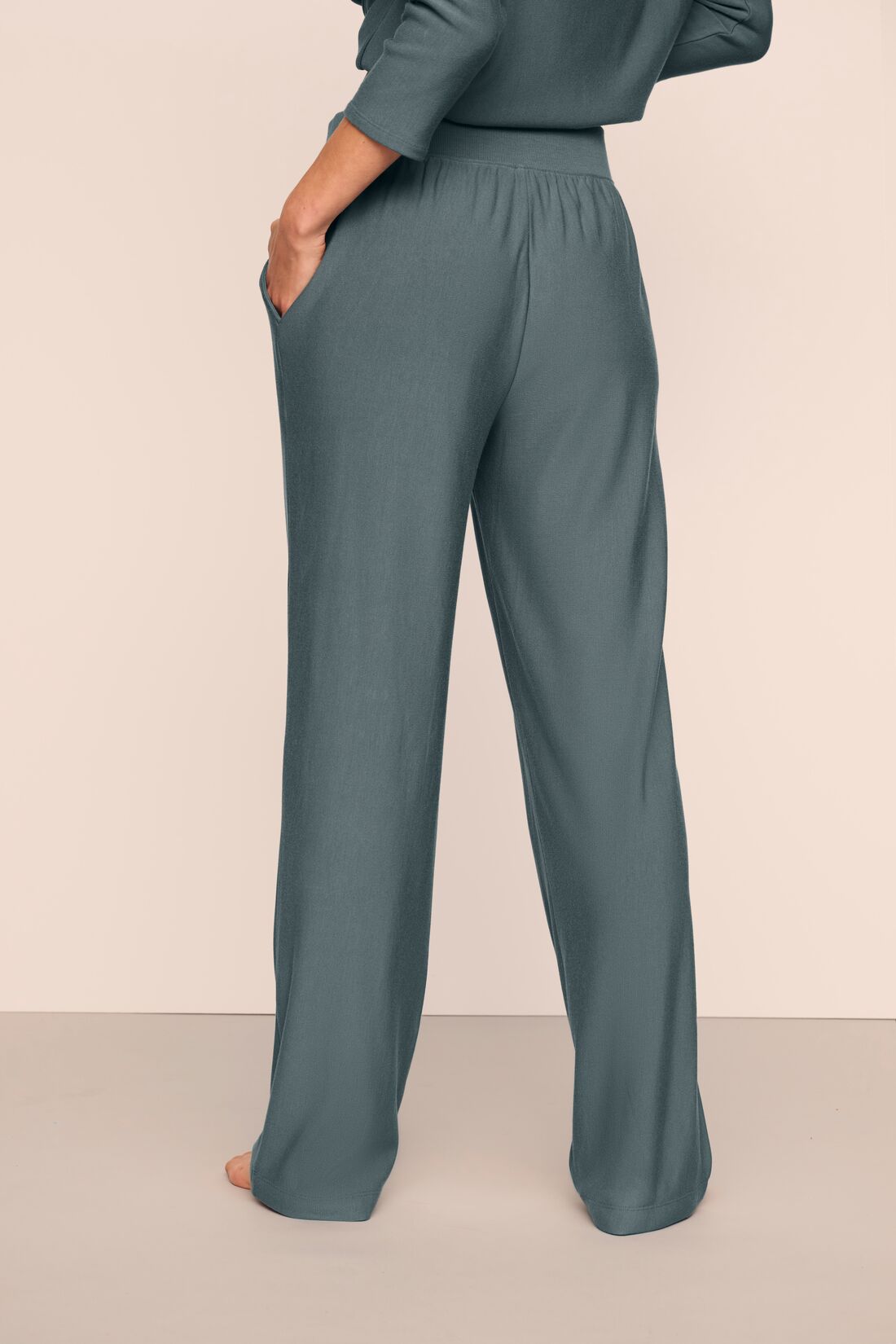 Model is wearing Softest Sweats Straight Leg Pant in Stone Blue