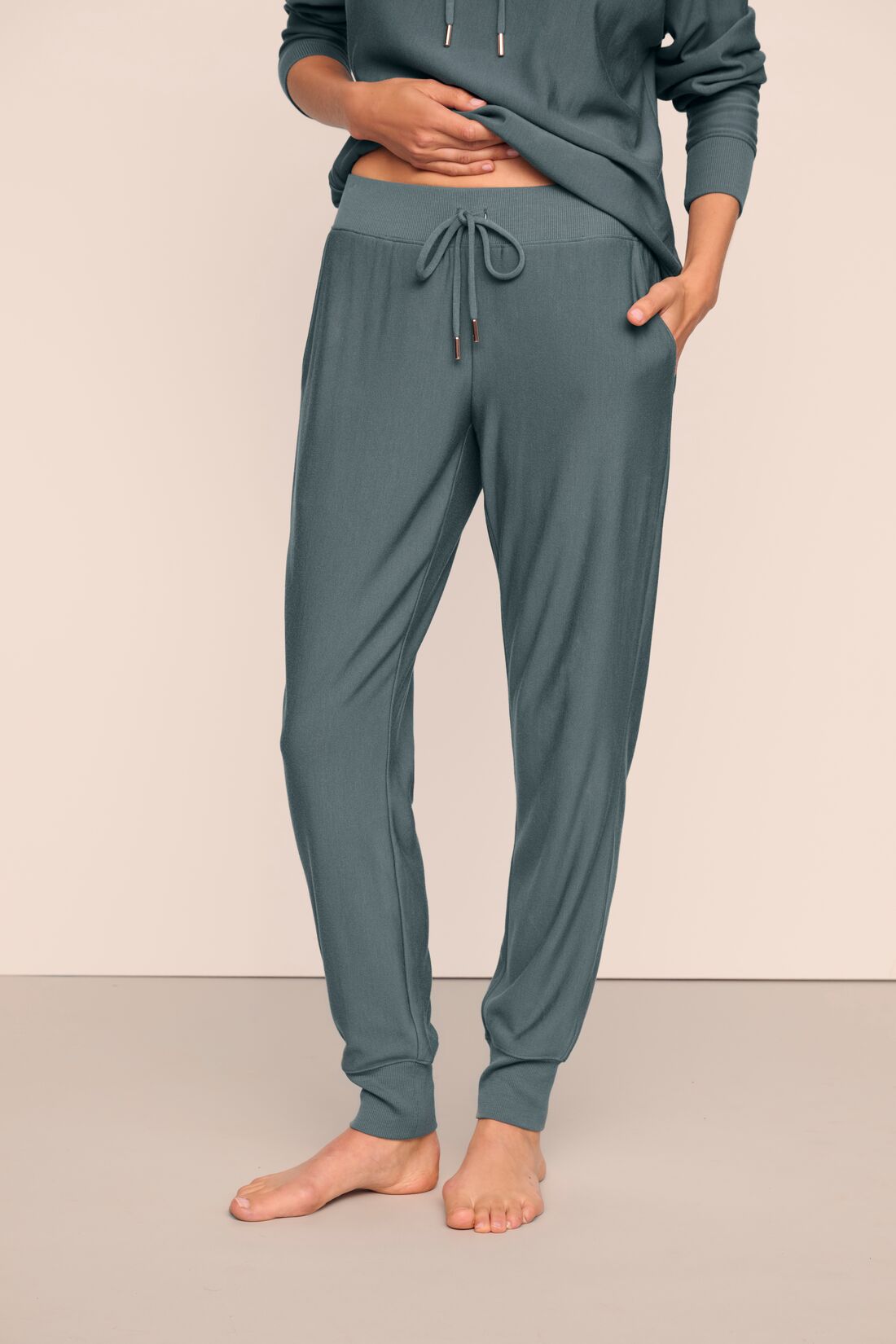 Model is wearing Softest Sweats Jogger in Stone Blue
