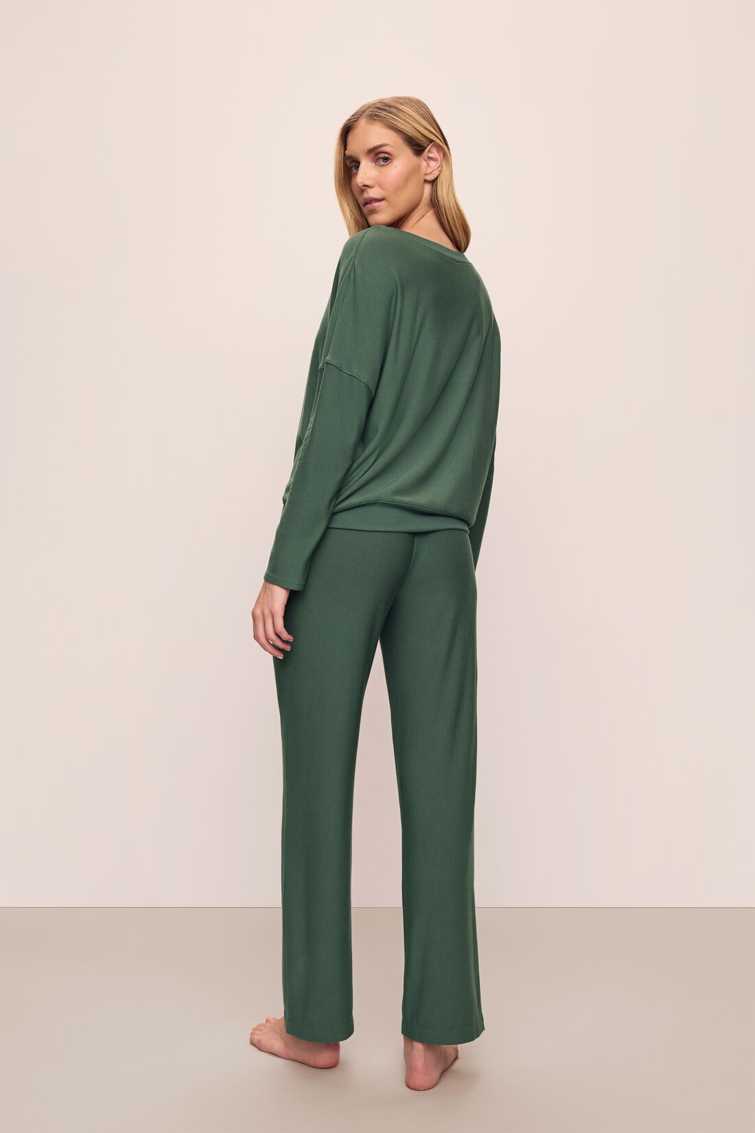 Model wears Softest Sweats Straight Leg Pant in Spruce.