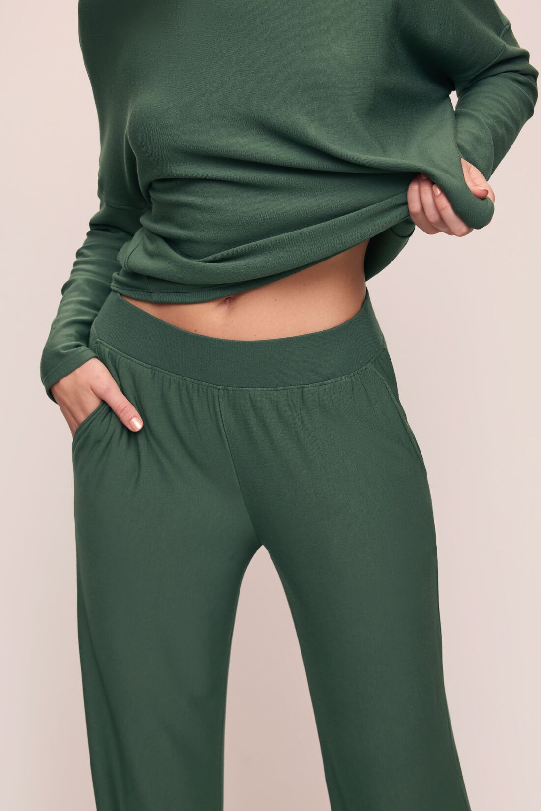 Model wears Softest Sweats Straight Leg Pant in Spruce.