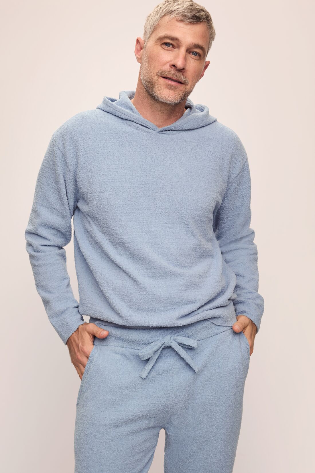 Model in Recycled Boucle Men's Hoodie in Wedgewood