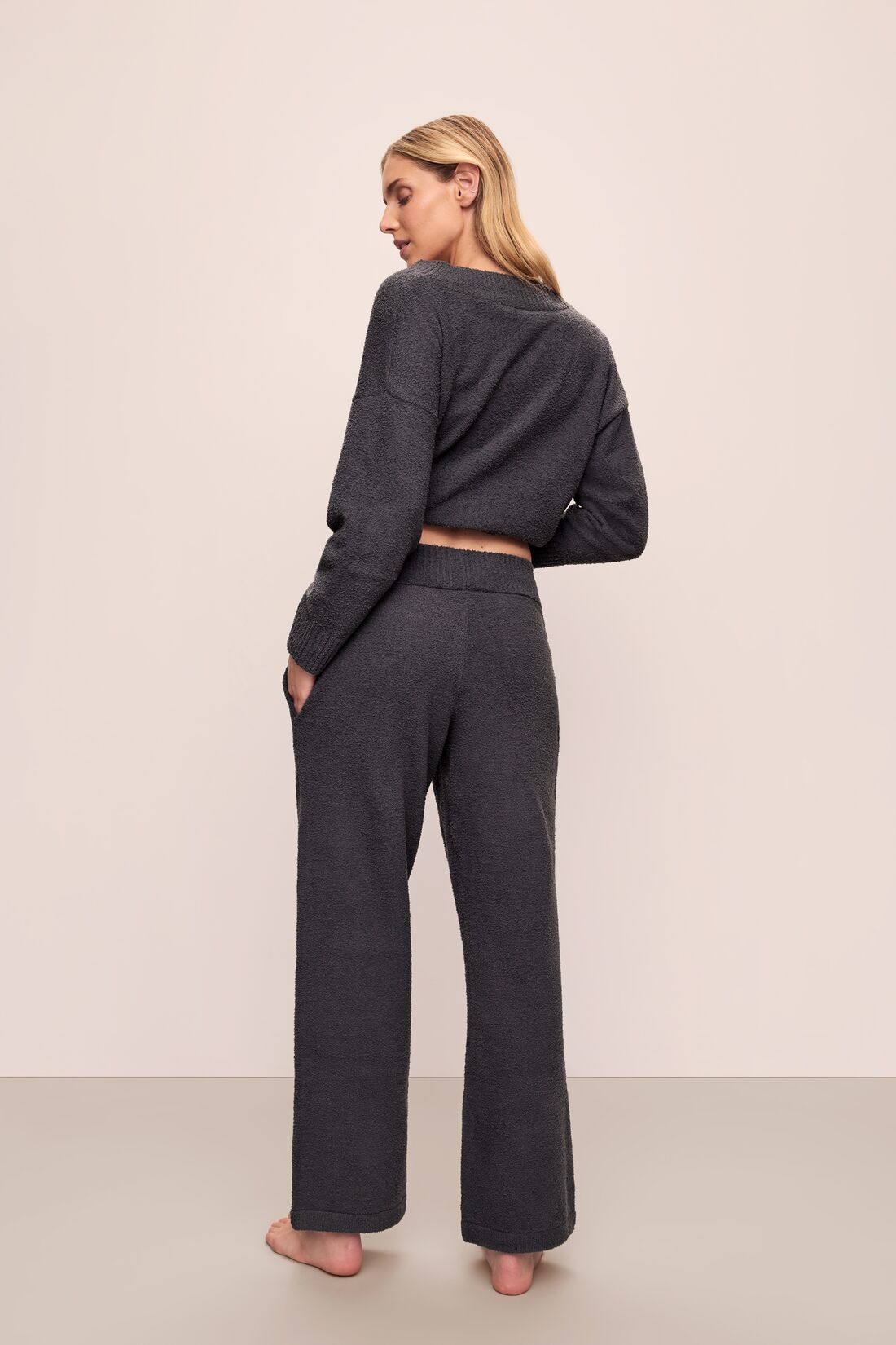 Model wears Recycled Boucle Relaxed Fit Pant in Graphite.