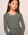 Model is wearing Kids TENCEL™ Modal Unisex Long PJ Set  in Smokey Olive/Ivory
