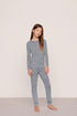 Model is wearing Kids Printed TENCEL™ Modal Unisex Long PJ Set  in Seashell Navy/Navy