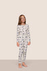 Model is wearing Kids Printed TENCEL™ Modal Unisex Long PJ Set  in Ski Chalet Ivory/Pine