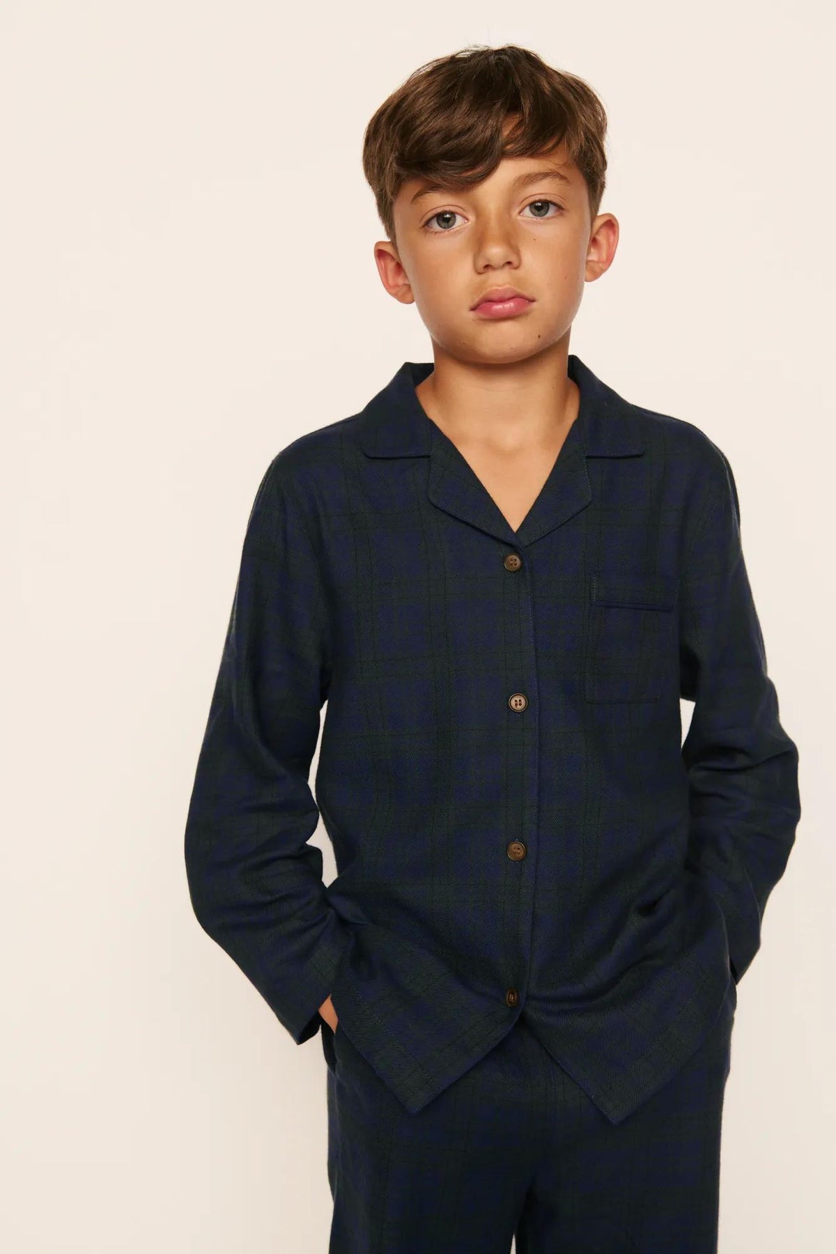 Model is wearing Kid's Flannel Long PJ Set in Heritage Check Navy/Navy