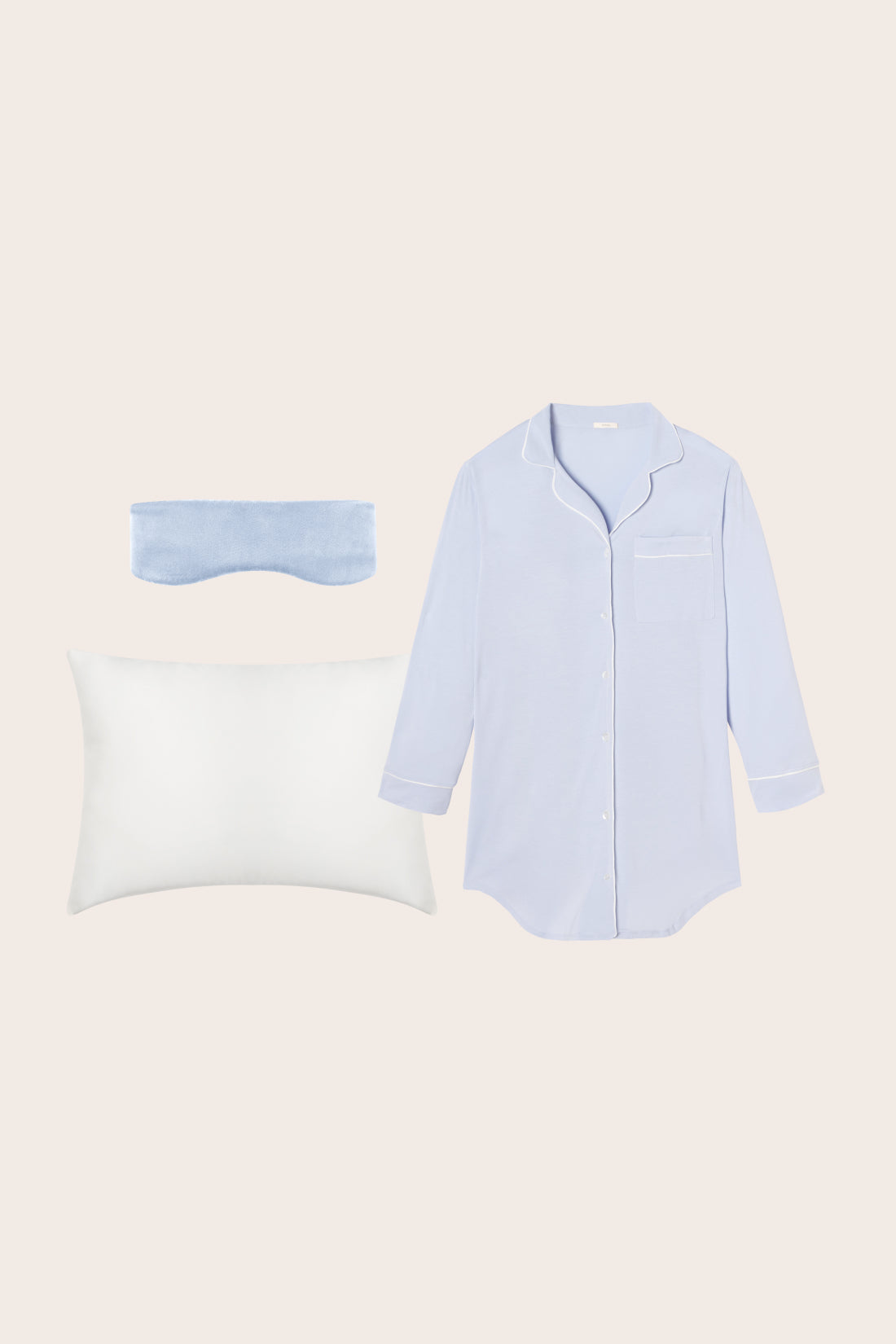 Image of collage of Gisele Sleepshirt in Ice Blue/Ivory, Washable Silk Eye Mask in Powder Blue and Washable Silk Pillowcase in Ivory to exemplify our bundles