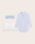 Image of collage of Gisele Sleepshirt in Ice Blue/Ivory, Washable Silk Eye Mask in Powder Blue and Washable Silk Pillowcase in Ivory to exemplify our bundles