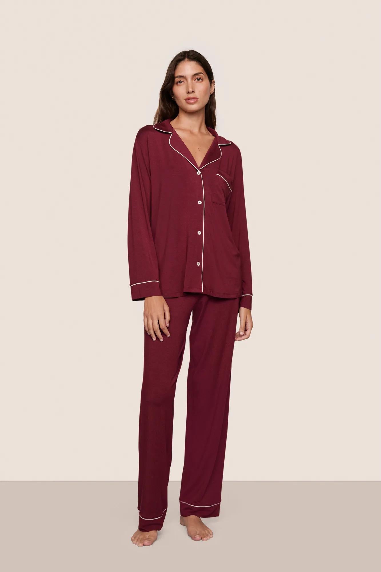 Model is wearing Gisele TENCEL™ Modal Long PJ Set  in Bordeaux/Ivory