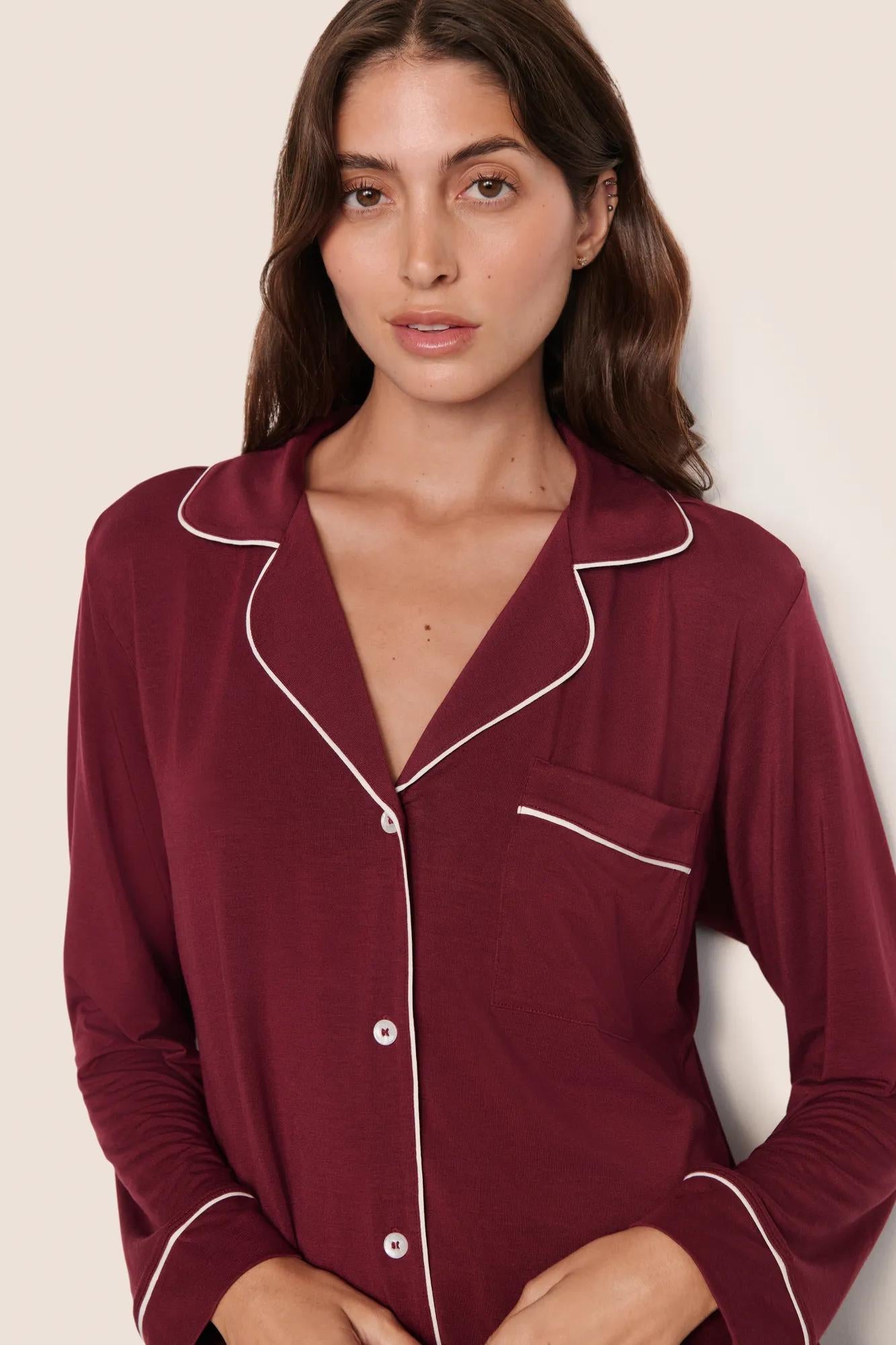 Model is wearing Gisele TENCEL™ Modal Long PJ Set  in Bordeaux/Ivory