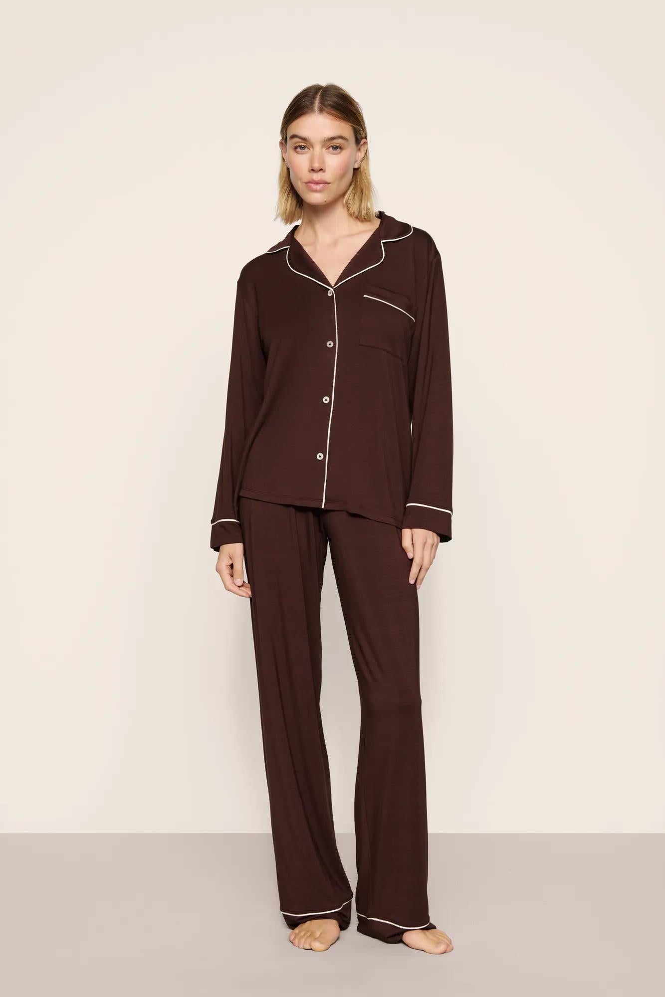 Model is wearing Gisele TENCEL™ Modal Long PJ Set in Chocolate/Ivory