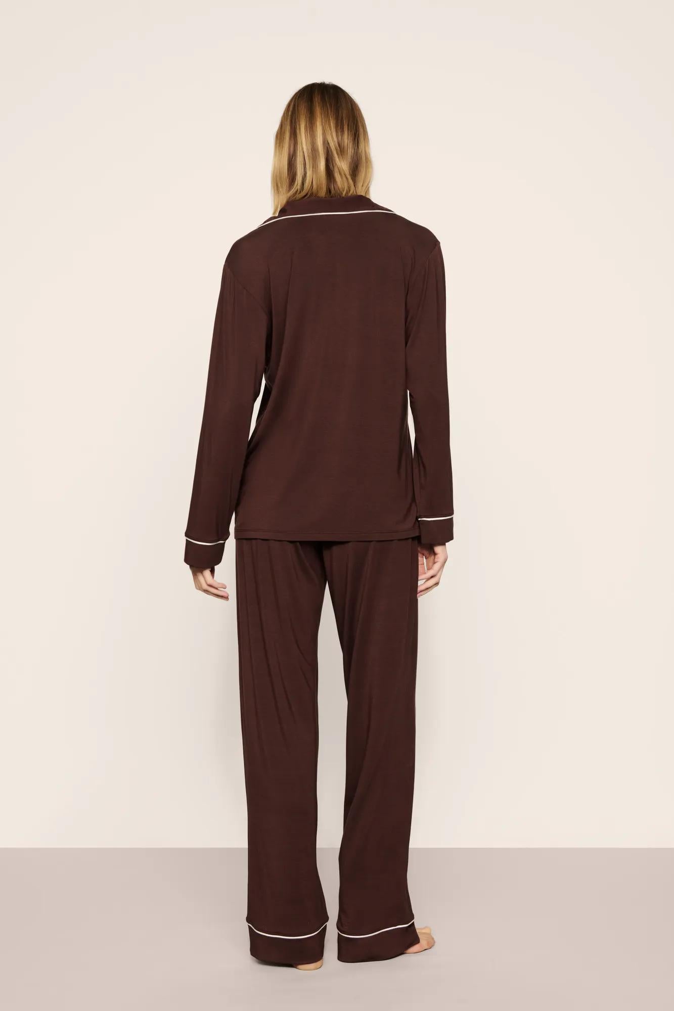 Model is wearing Gisele TENCEL™ Modal Long PJ Set in Chocolate/Ivory