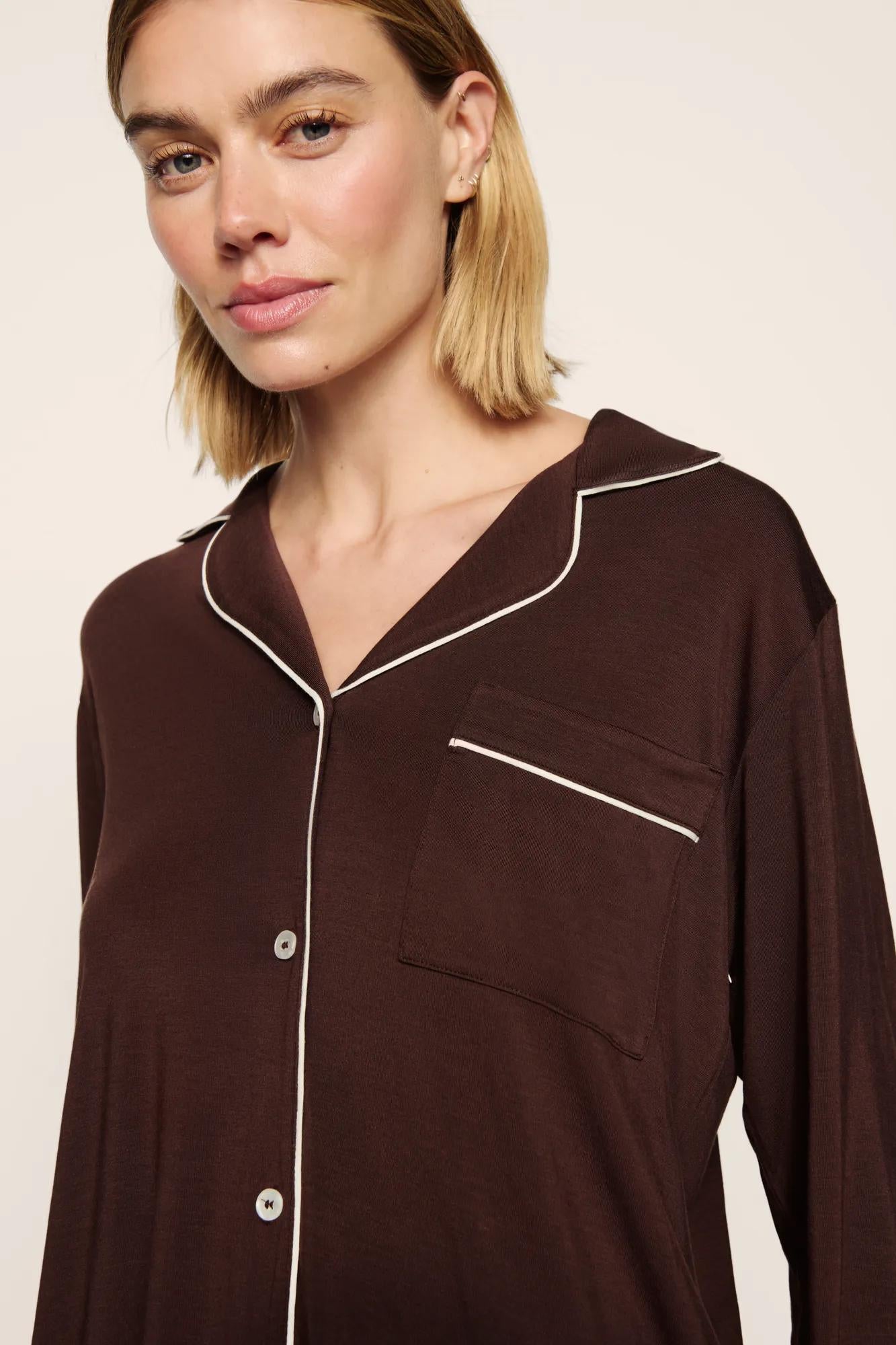 Model is wearing Gisele TENCEL™ Modal Long PJ Set in Chocolate/Ivory