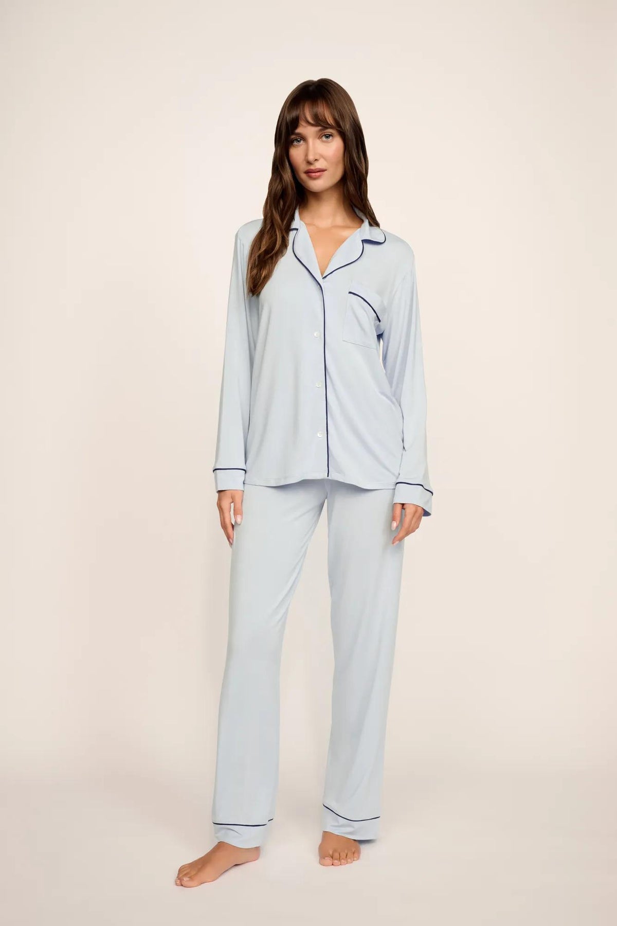 Model is wearing Gisele TENCEL™ Modal Long PJ Set in Cloud Blue/Navy
