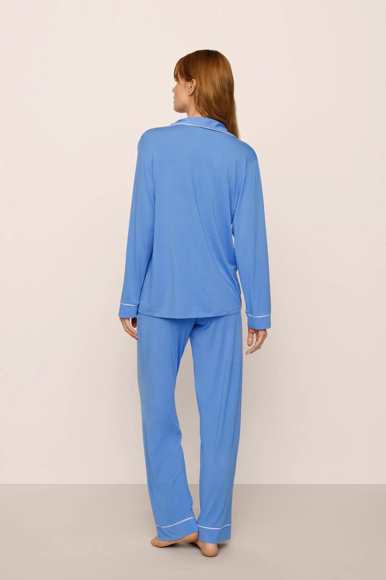 Model is wearing Gisele TENCEL™ Modal Long PJ Set in CornflowerBlue/White