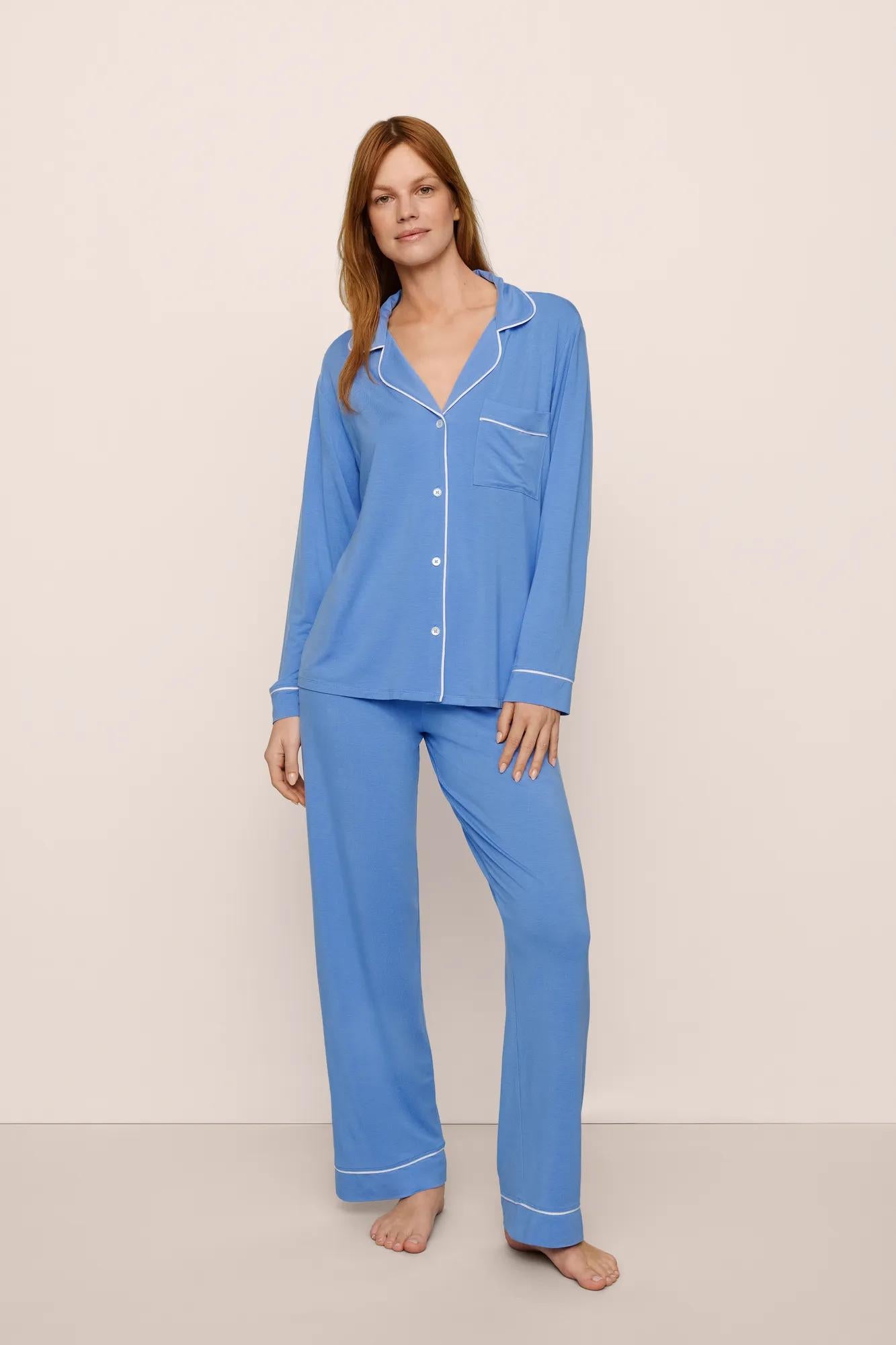 Model is wearing Gisele TENCEL™ Modal Long PJ Set in CornflowerBlue/White