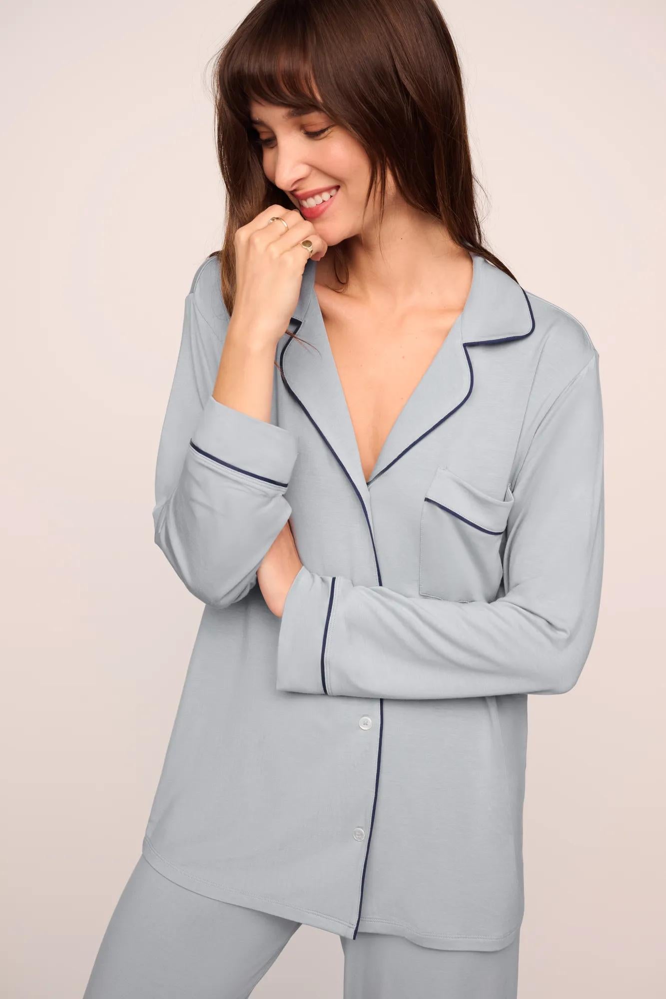Model is wearing Gisele TENCEL™ Modal Long PJ Set  in  Gray Dawn/Navy